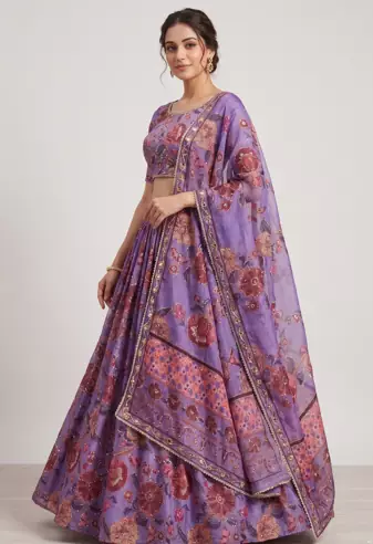 Purple Taby Silk Hand Embroidered Lehenga Set