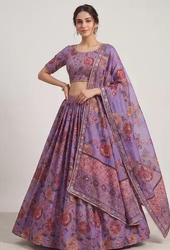 Purple Taby Silk Hand Embroidered Lehenga Set