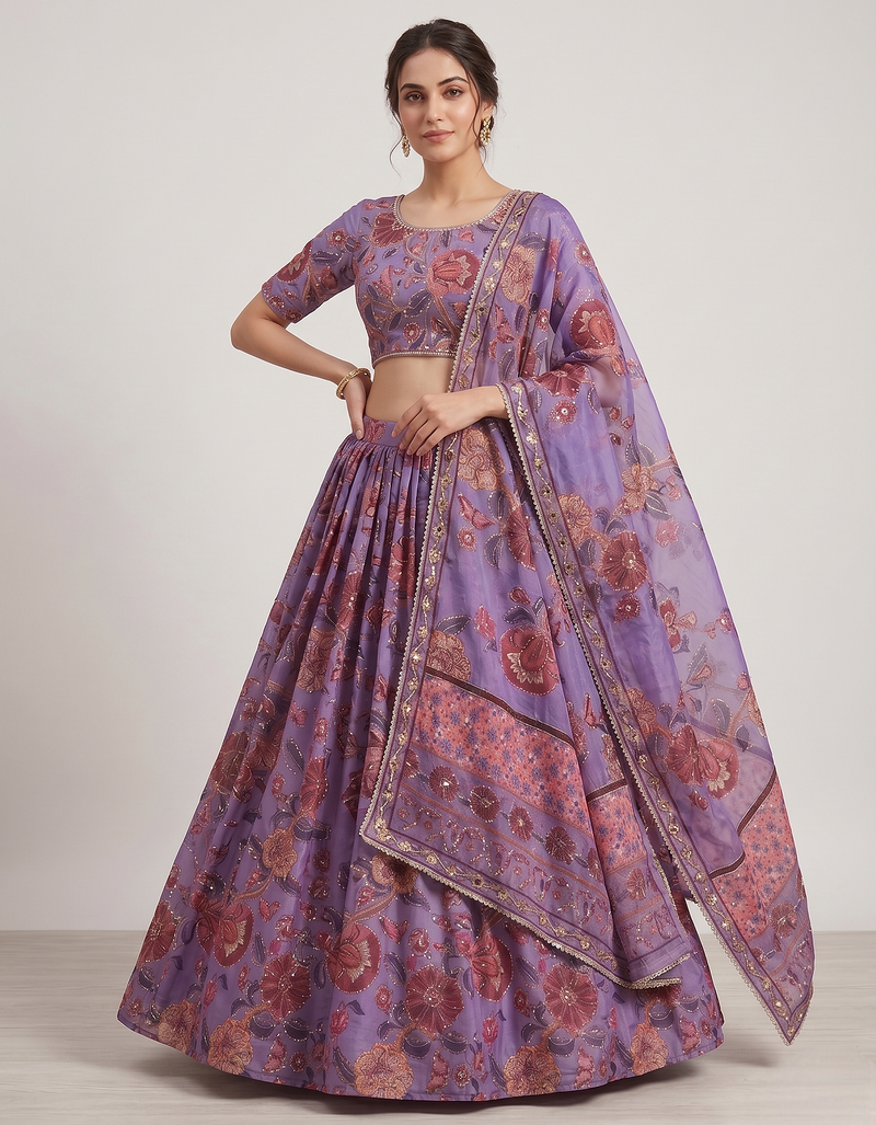 Purple Taby Silk Hand Embroidered Lehenga Set
