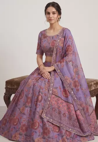 Purple Taby Silk Hand Embroidered Lehenga Set