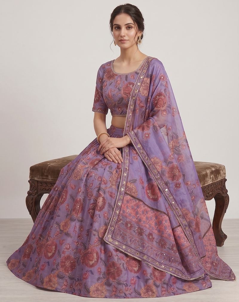 Purple Taby Silk Hand Embroidered Lehenga Set