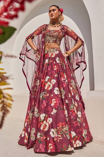 Wine Printed Raw Silk Cape Lehenga Set