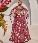 Wine Printed Raw Silk Cape Lehenga Set