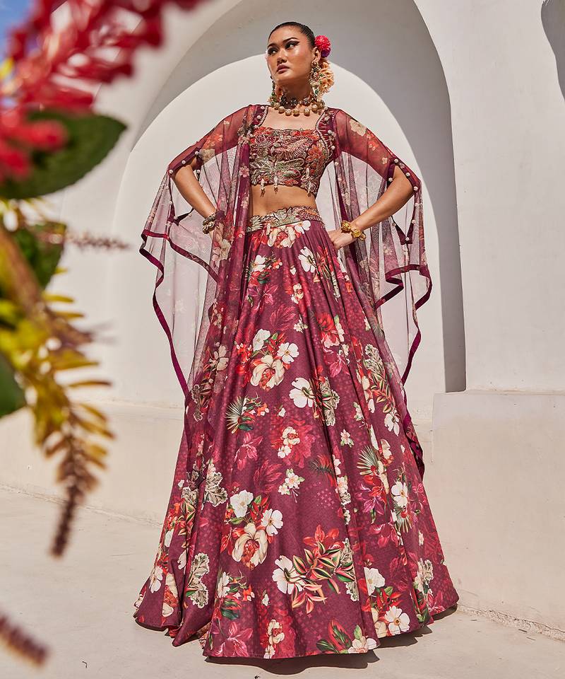 Wine Printed Raw Silk Cape Lehenga Set