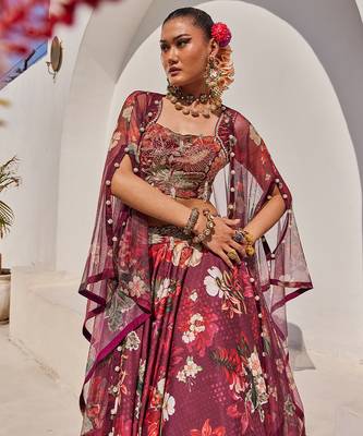 Wine Printed Raw Silk Cape Lehenga Set 2