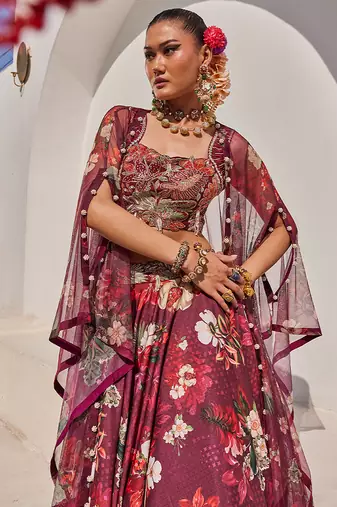 Wine Printed Raw Silk Cape Lehenga Set