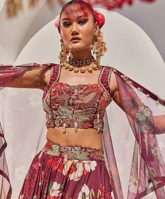 Wine Printed Raw Silk Cape Lehenga Set 3