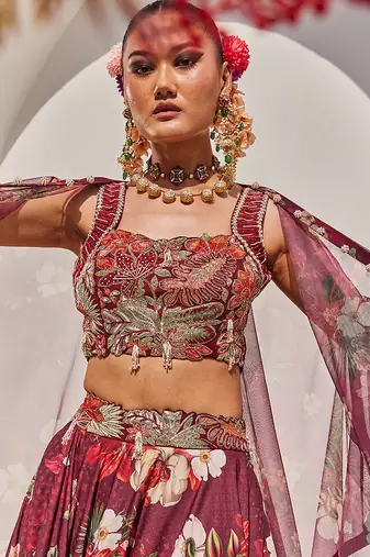 Wine Printed Raw Silk Cape Lehenga Set