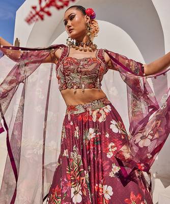 Wine Printed Raw Silk Cape Lehenga Set 4