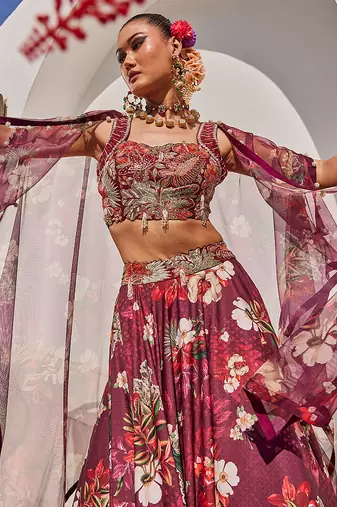 Wine Printed Raw Silk Cape Lehenga Set