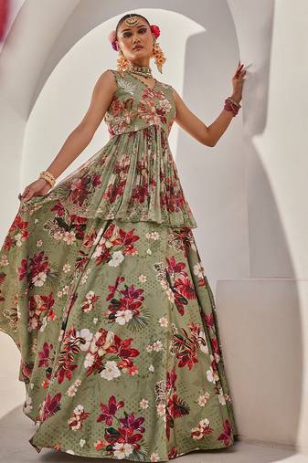 Sage Green Printed Chiffon Lehenga With Peplum Top
