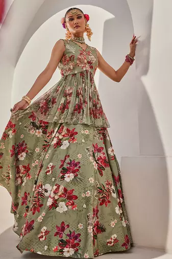 Sage Green Printed Chiffon Lehenga With Peplum Top