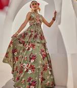 Sage Green Printed Chiffon Lehenga With Peplum Top