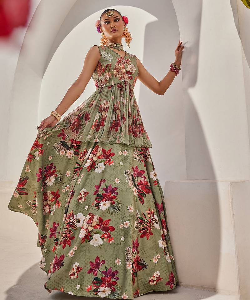 Sage Green Printed Chiffon Lehenga With Peplum Top