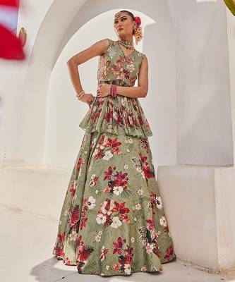 Sage Green Printed Chiffon Lehenga With Peplum Top 2