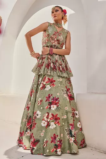 Sage Green Printed Chiffon Lehenga With Peplum Top