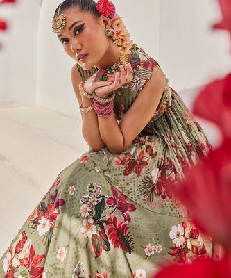 Sage Green Printed Chiffon Lehenga With Peplum Top 3