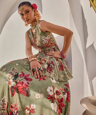 Sage Green Printed Chiffon Lehenga With Peplum Top 4