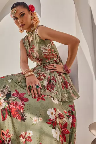 Sage Green Printed Chiffon Lehenga With Peplum Top
