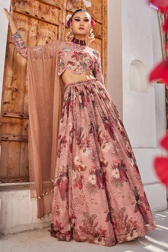 Mauve Printed Chiffon Lehenga Set