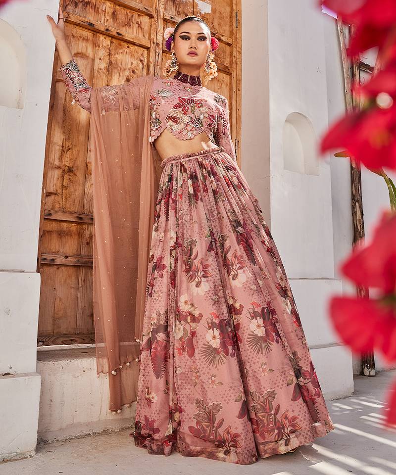 Mauve Printed Chiffon Lehenga Set