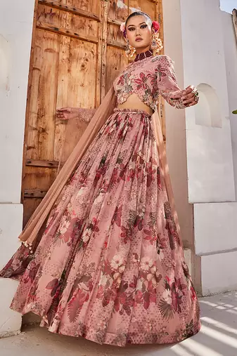 Mauve Printed Chiffon Lehenga Set