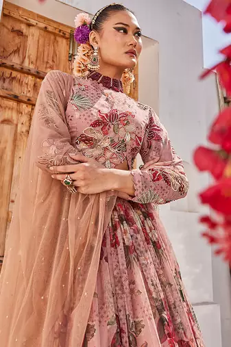 Mauve Printed Chiffon Lehenga Set