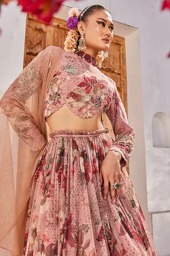 Mauve Printed Chiffon Lehenga Set