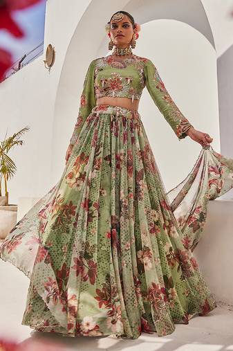Sage Green Printed Net Lehenga Set