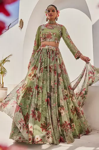 Sage Green Printed Net Lehenga Set