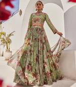 Sage Green Printed Net Lehenga Set
