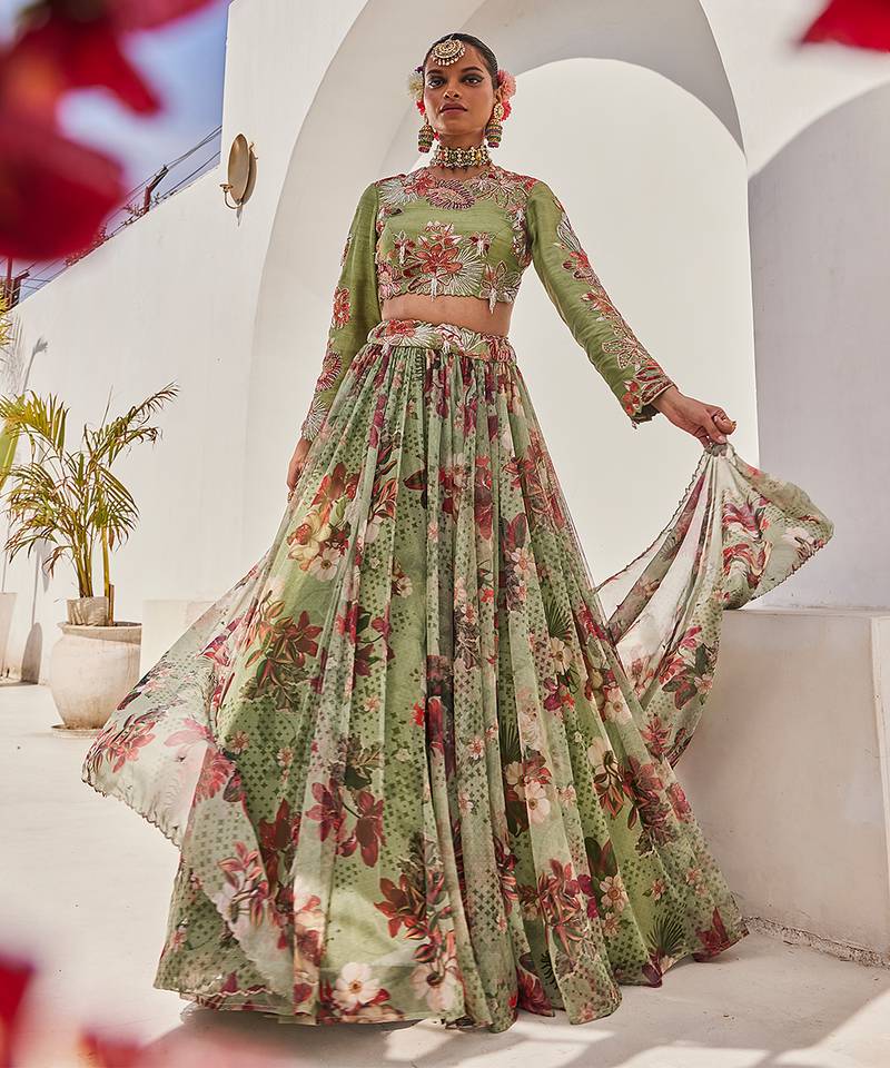 Sage Green Printed Net Lehenga Set