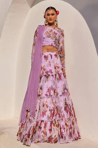 Lilac Printed Net Lehenga Set