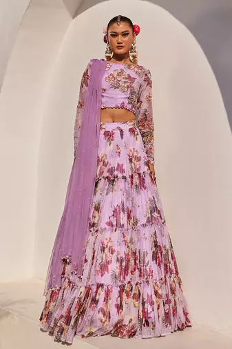 Lilac Printed Net Lehenga Set