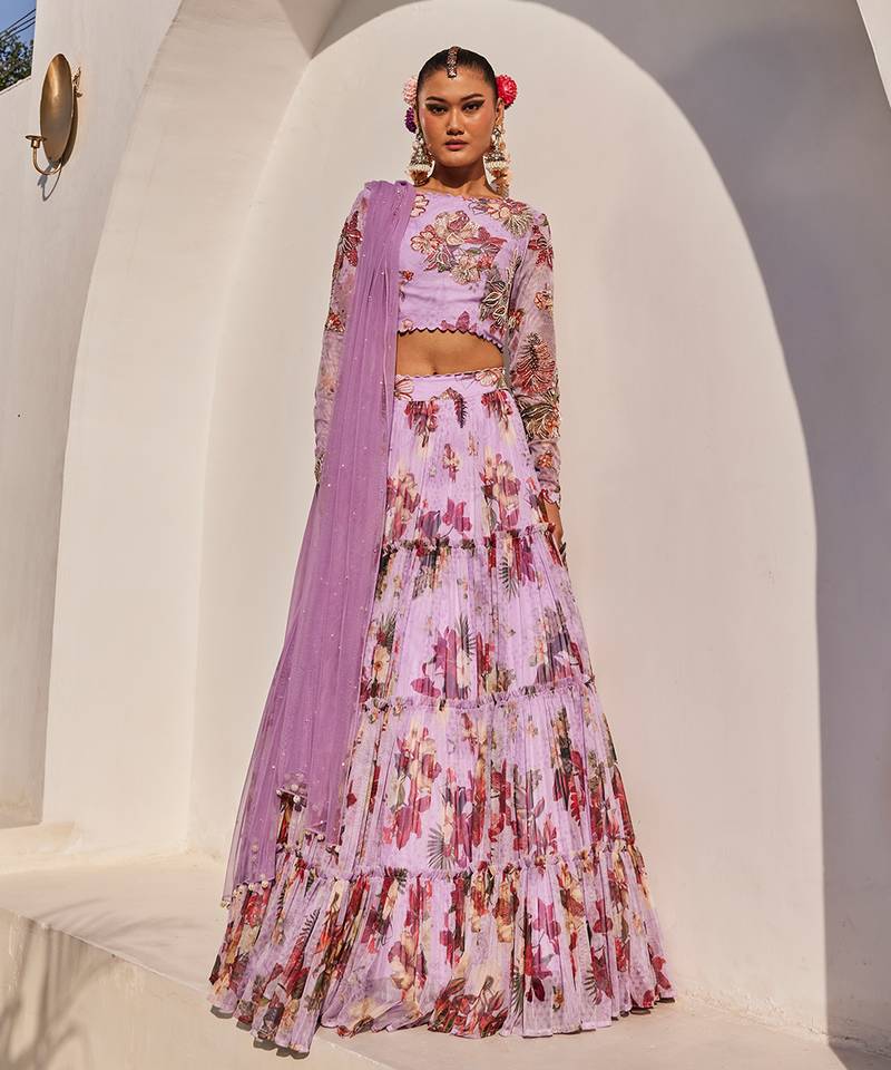 Lilac Printed Net Lehenga Set
