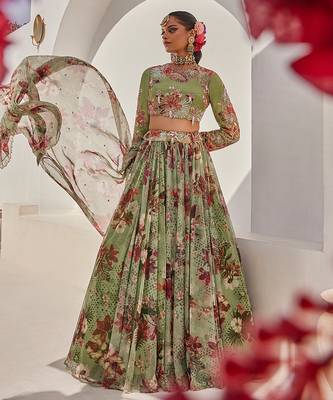Sage Green Printed Net Lehenga Set 2