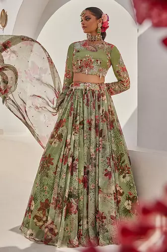 Sage Green Printed Net Lehenga Set