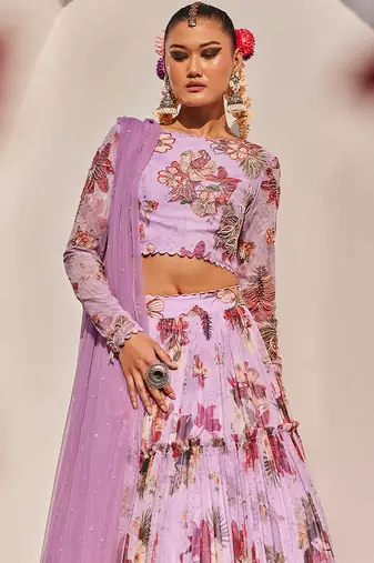 Lilac Printed Net Lehenga Set