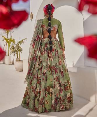 Sage Green Printed Net Lehenga Set 3