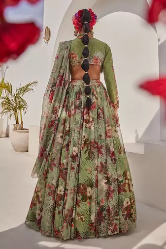 Sage Green Printed Net Lehenga Set