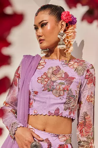 Lilac Printed Net Lehenga Set
