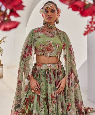 Sage Green Printed Net Lehenga Set 4