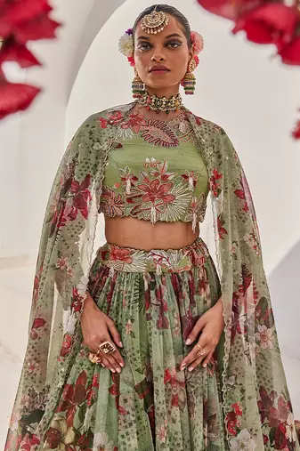 Sage Green Printed Net Lehenga Set