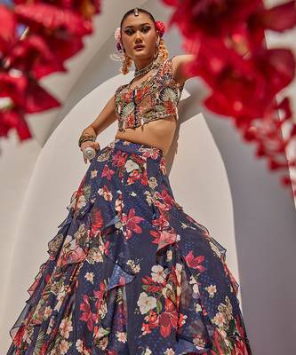 Navy Blue Printed Raw Silk Lehenga Set 1