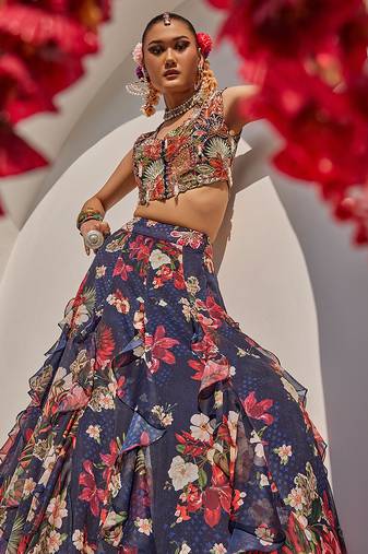 Navy Blue Printed Raw Silk Lehenga Set