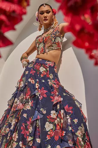 Navy Blue Printed Raw Silk Lehenga Set