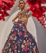 Navy Blue Printed Raw Silk Lehenga Set