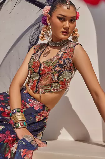 Navy Blue Printed Raw Silk Lehenga Set