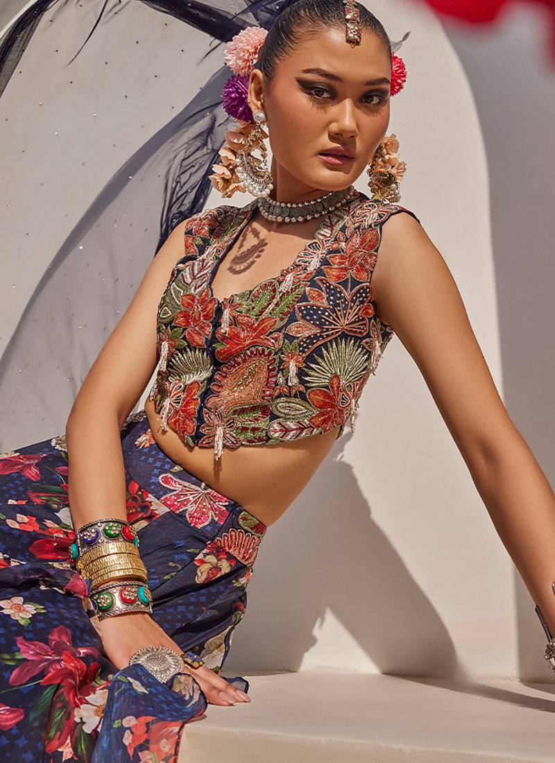 Navy Blue Printed Raw Silk Lehenga Set