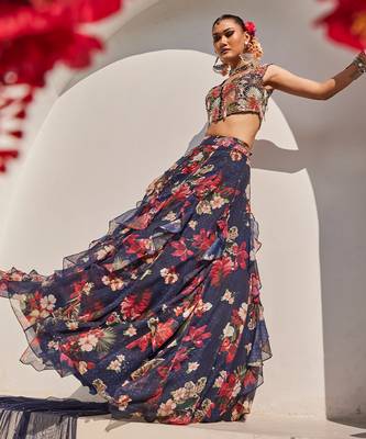 Navy Blue Printed Raw Silk Lehenga Set 3